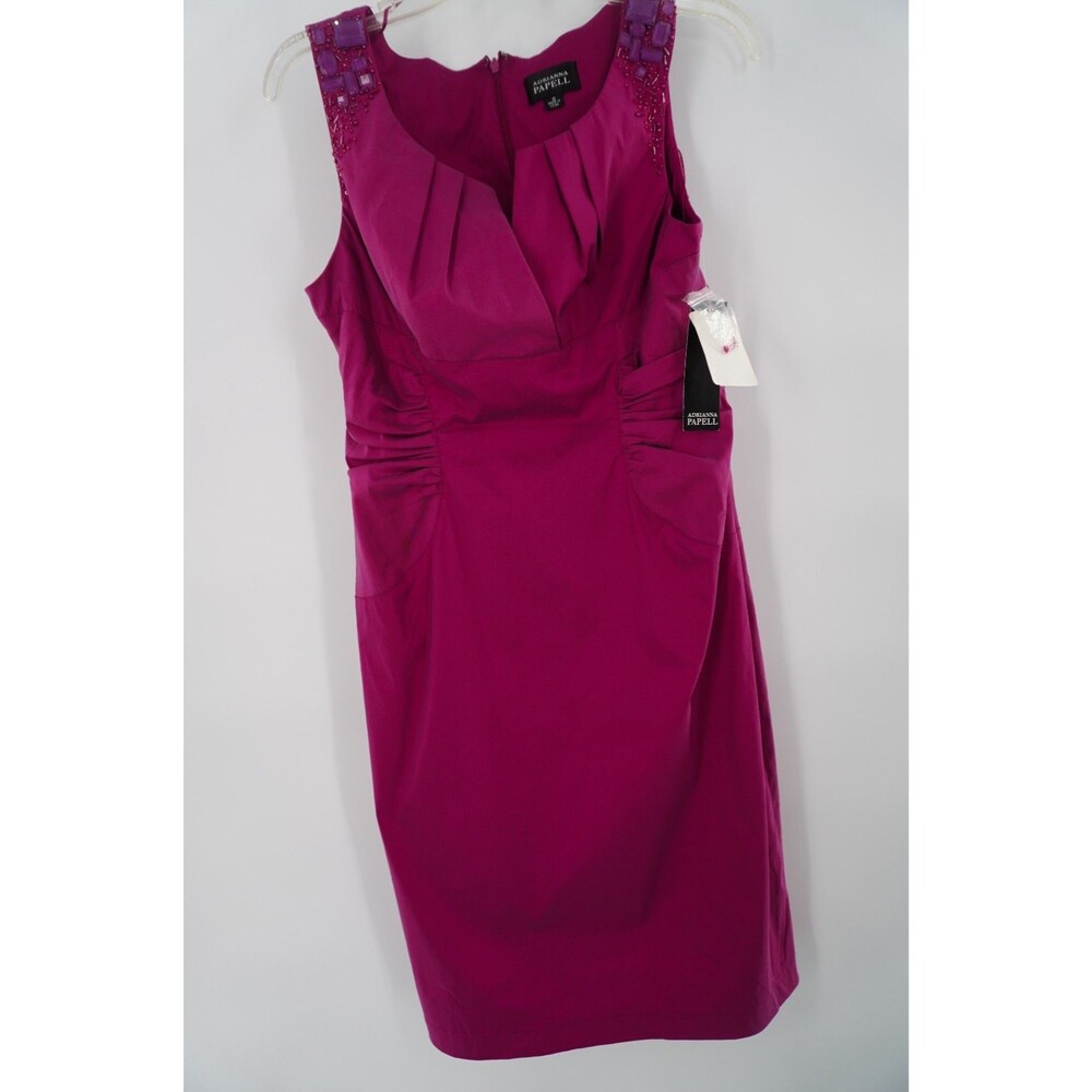 Adrianna Papell Magenta Purple Beaded Shoulder Sheath Ruched Dress Size 10 NWT
